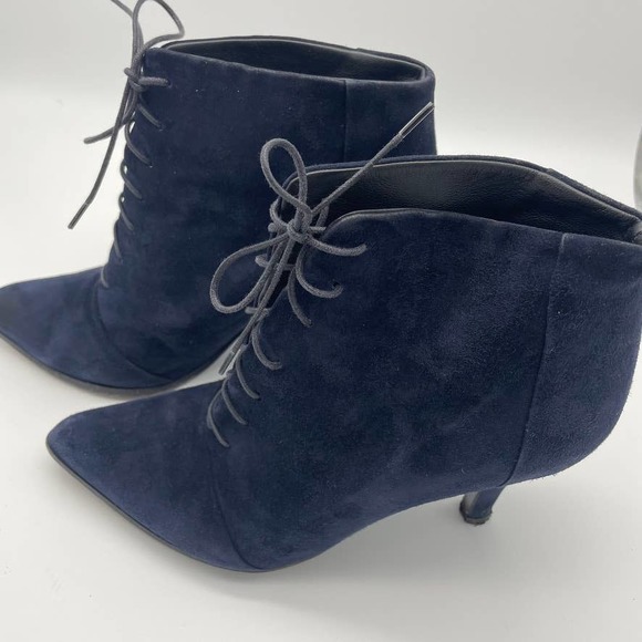 Jil Sander Lace Up Stiletto Heel Suede Ankle Bootie Navy Blue - Picture 3 of 9